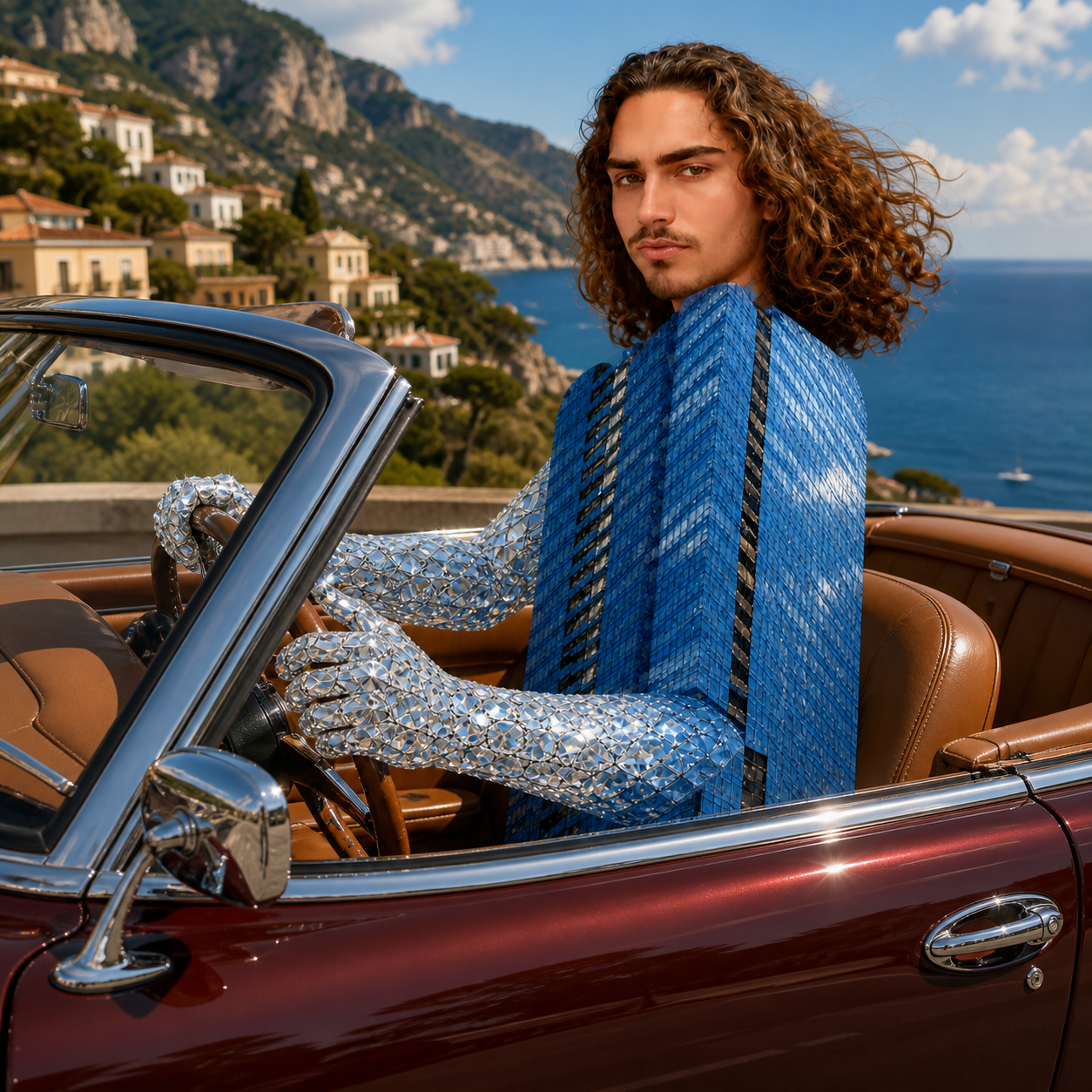 DIAMONDTJR mascot driving a vintage convertible on the coast