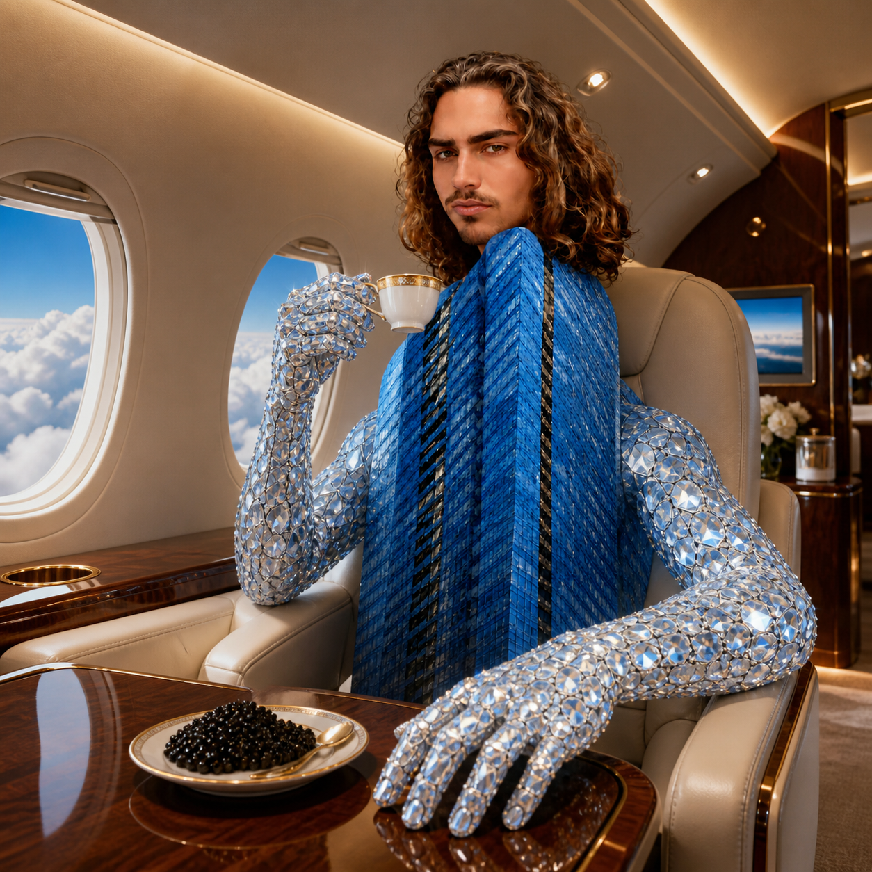 DIAMONDTJR mascot sipping tea with caviar on a private jet